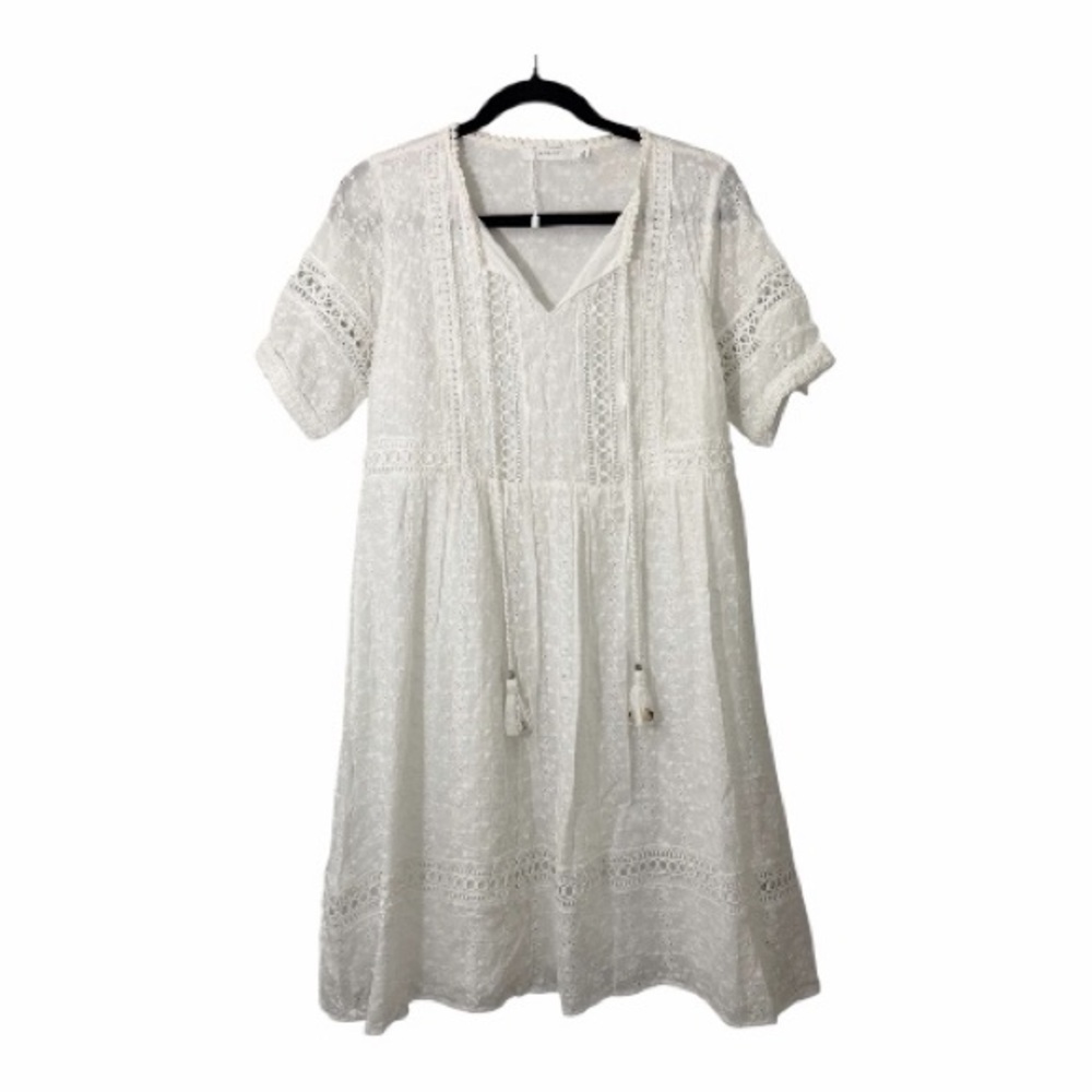 Anany Crochet Eyelet Dress Women Small White Boho Lined Cotton Beach Airy Shell